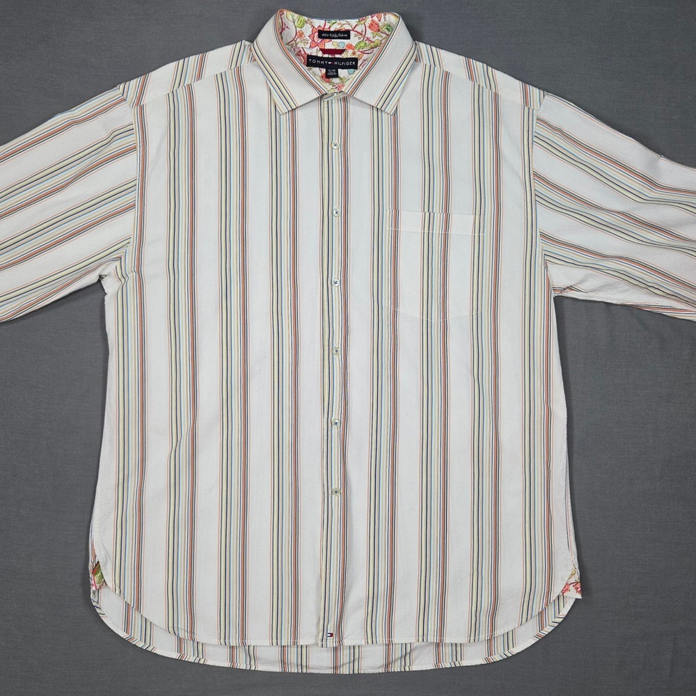 Tommy‎ Hilfiger Mens XL Striped Button Up Shirt 80s 2 Ply Fabric Cotton - Picture 2 of 13